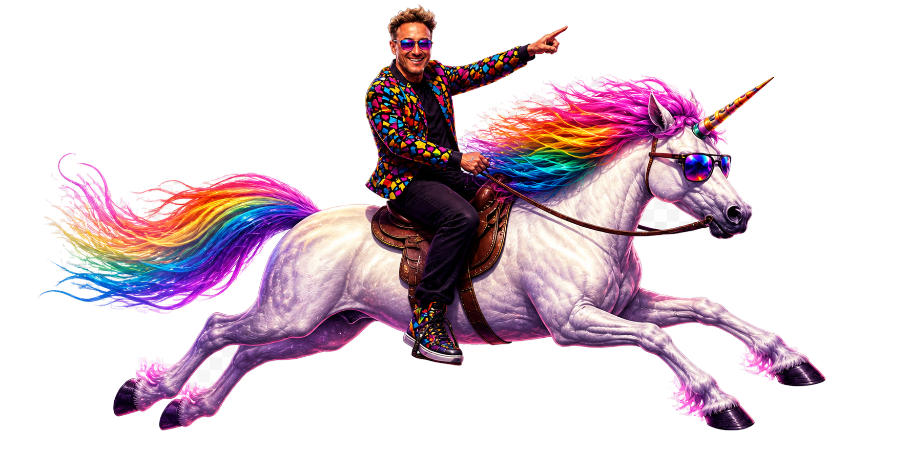 Scottie's Unicorn Rush game with bright rainbow terrain and a pink unicorn